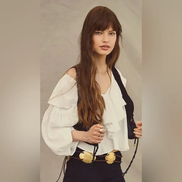 NWT Free People Zuri Blouse M White Ruffled Cropped New $68 retail - Picture 6 of 7